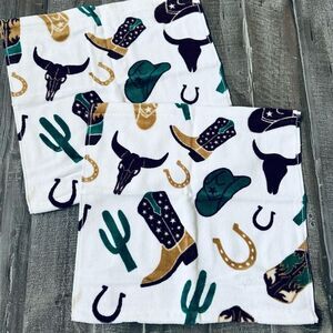 Cowboy Western Horseshoe Cactus Boots Hat Print Cotton Bath Washcloths Lot